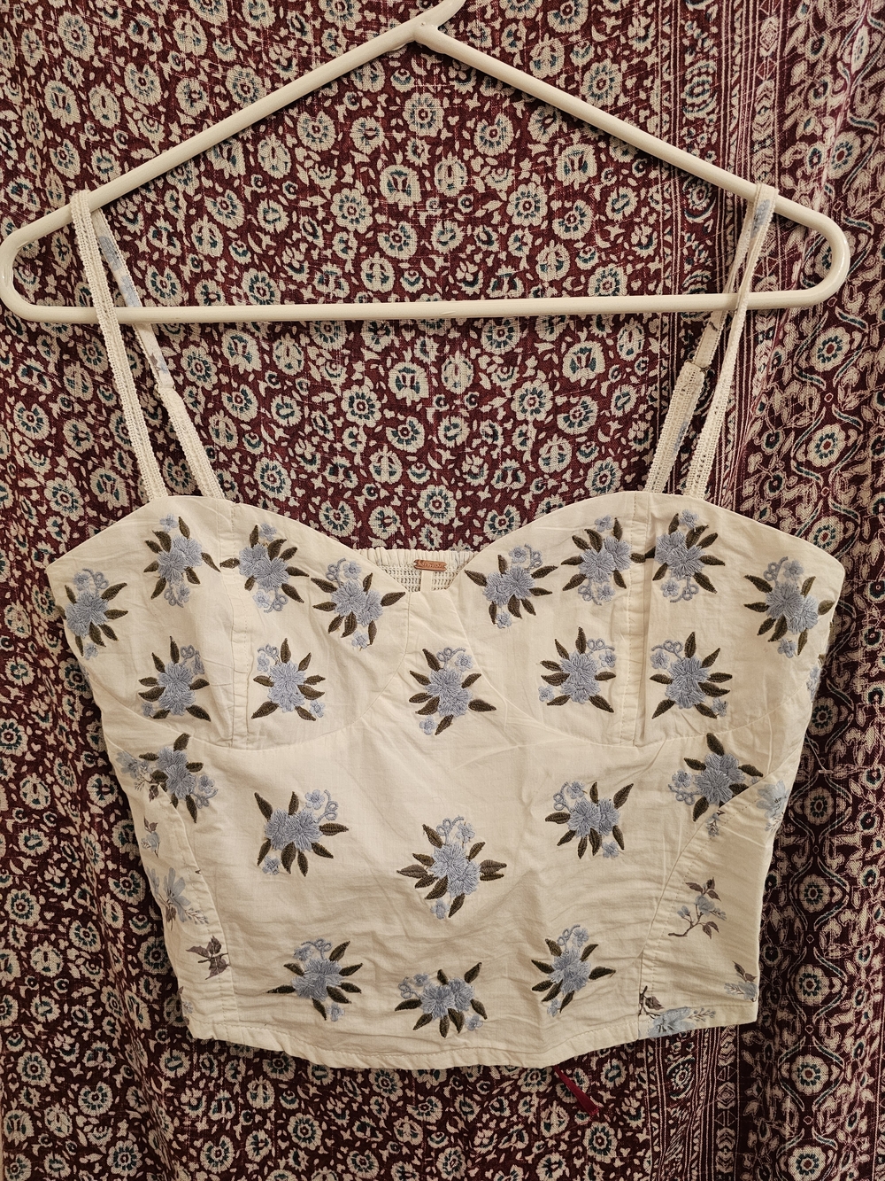 Free People White Crop Camisole with Blue Floral Embroidery